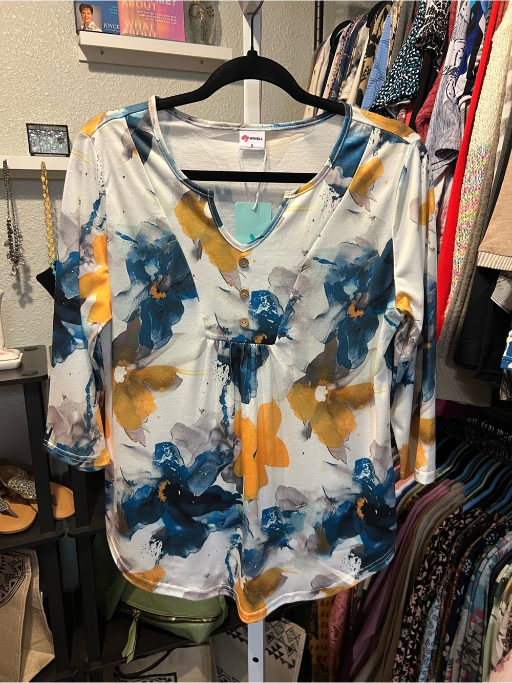 Women’s Floral V-Neck Tunic Top - White with Blue & Mustard Flowers